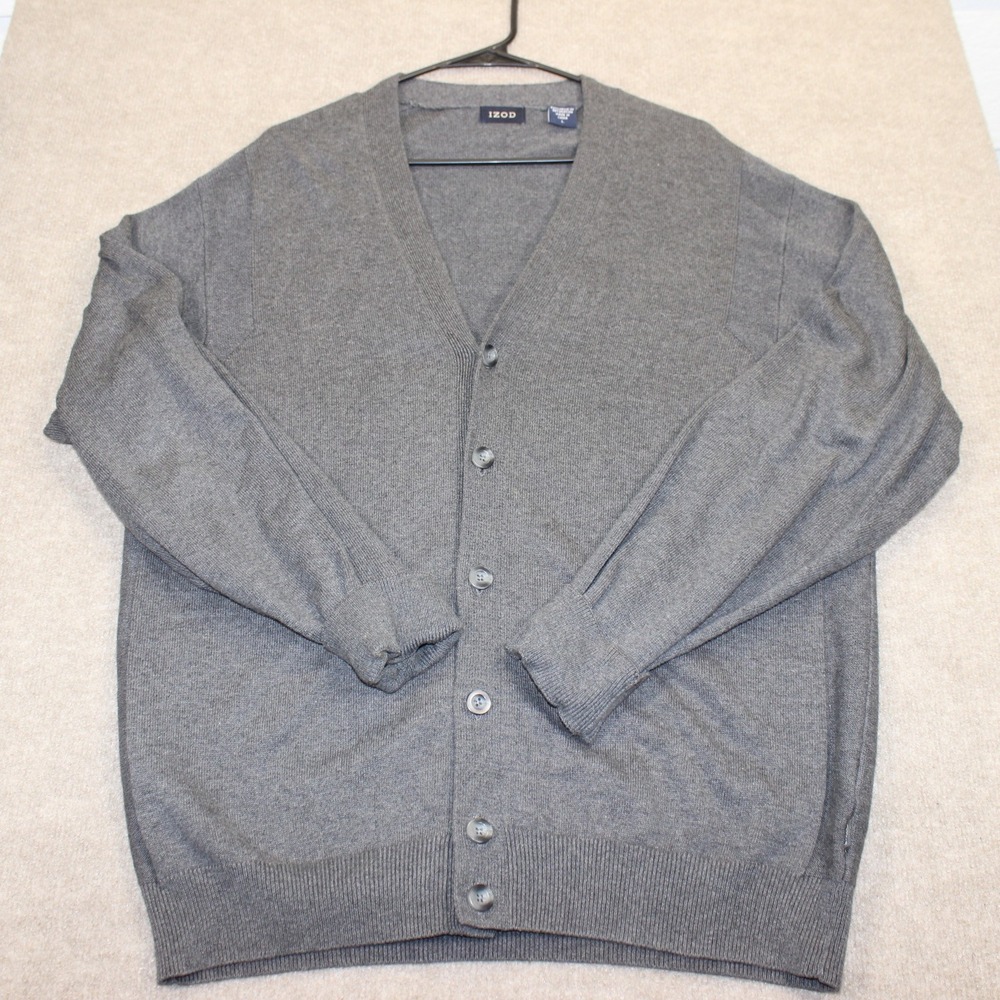 IZOD Mens Cardigan Sweater Large Gray 100% Cotton V-Neck Button Front Knit L
